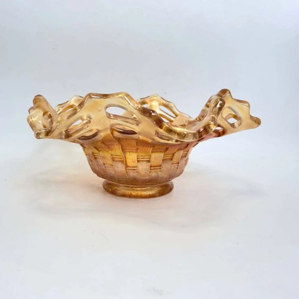 Fenton Marigold Carnival Glass 2-Row Open Edge Basketweave Bowl 6 inch
